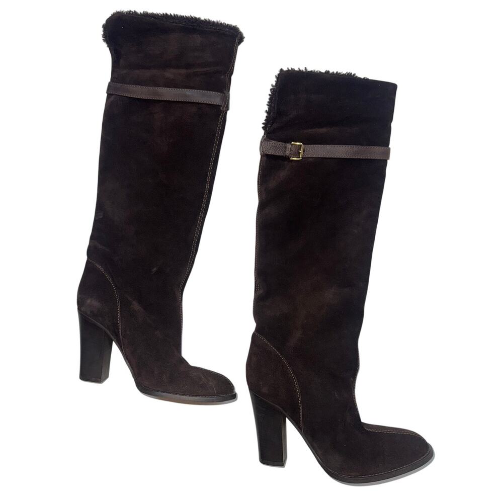 JCrew J Crew Davos Gomma Brown Knee High Suede Leather Boots Size 8 Sherpa Cuff